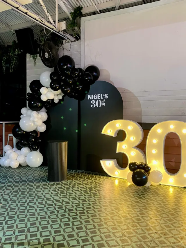 Nigel’s 30th 🖤🤍

A double arch backdrop featuring our sail arch, coupled with our light up numbers to welcome the thirties! 

#30years #adultbirthdayparty #hellothirty #blackandwhite #birthdaybackdrop #balloonbackdrop #birthdaydecorations
